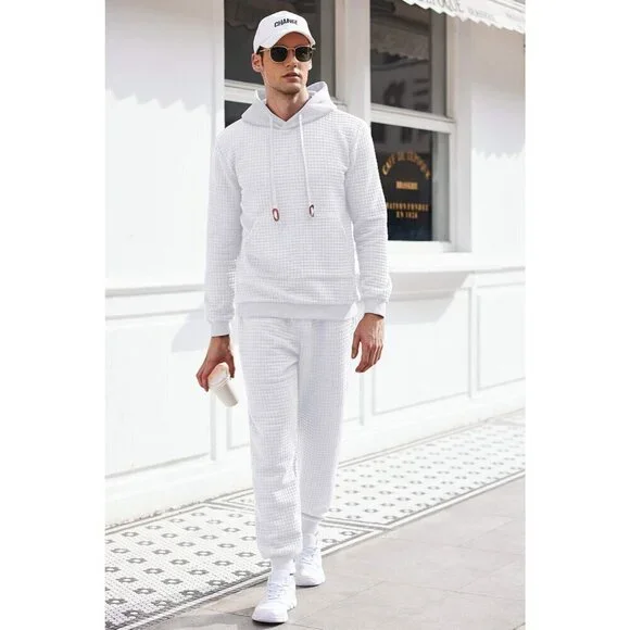 Men's 2 Piece Hoodie Sweatsuit Sets Jogging Suits Waffle Plaid Jacquard Outfits